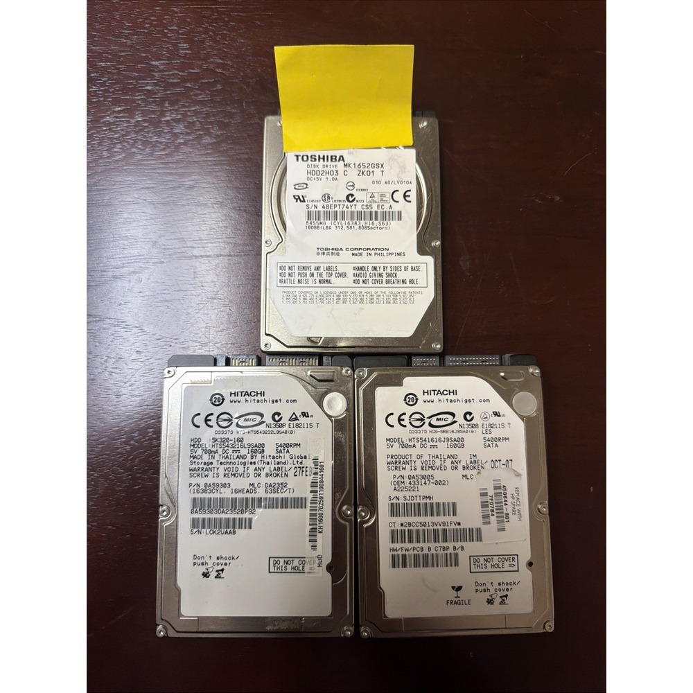 Bundle of 3 160GB 2.5 SATA Hard Drives Hitachi Toshiba Laptop HDD 5400RPM